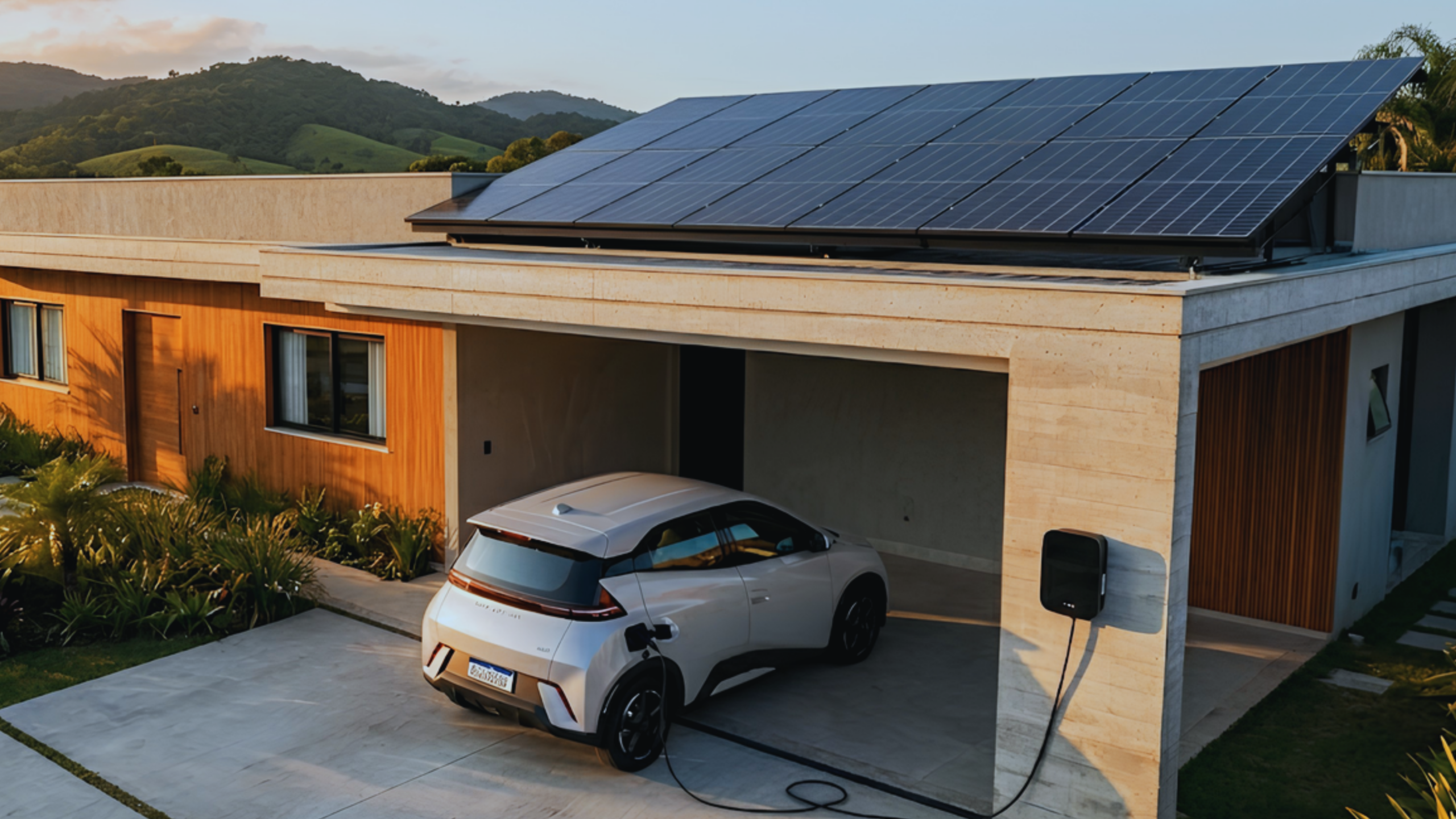 Fachada de casa com painéis fotovoltaicos demonstrando como carregar carro elétrico com energia solar em Santa Catarina.