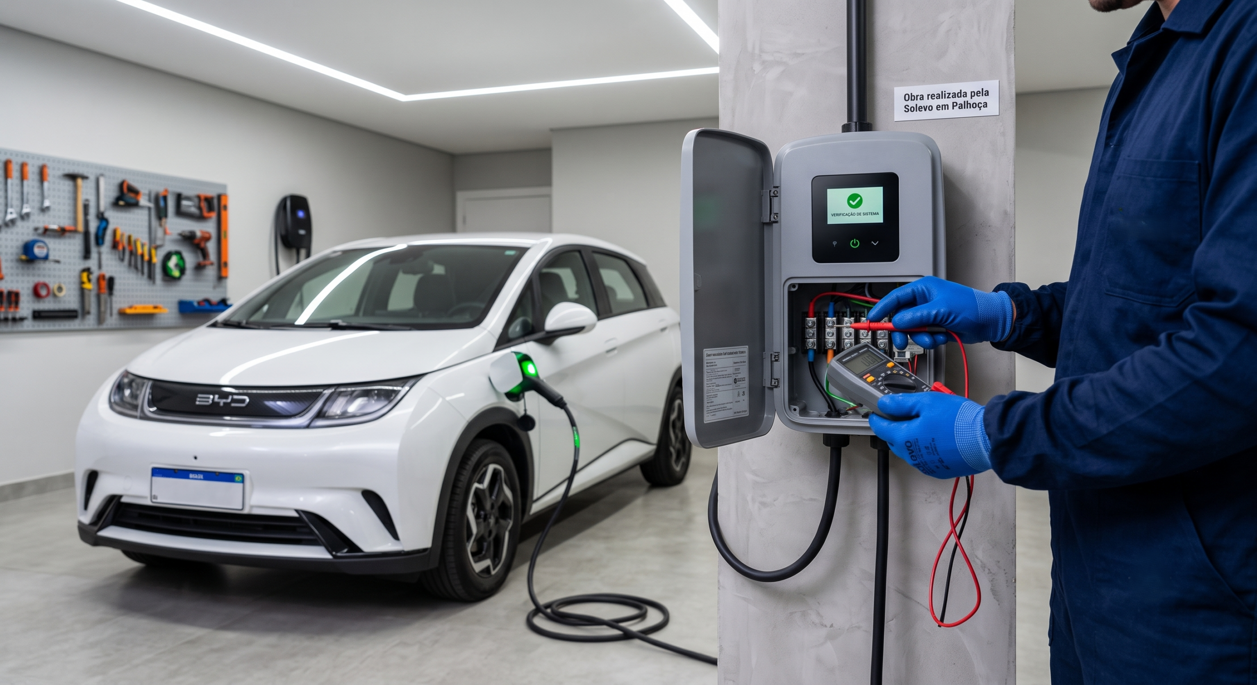 Técnico da Solevo realizando manutenção preventiva carregadores e mostrando como cuidar da bateria do carro elétrico em Palhoça.