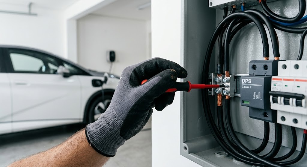 Técnico instalando disjuntor para carregador elétrico e proteção contra surtos DPS para evitar os riscos de carregar carro elétrico em tomada comum.