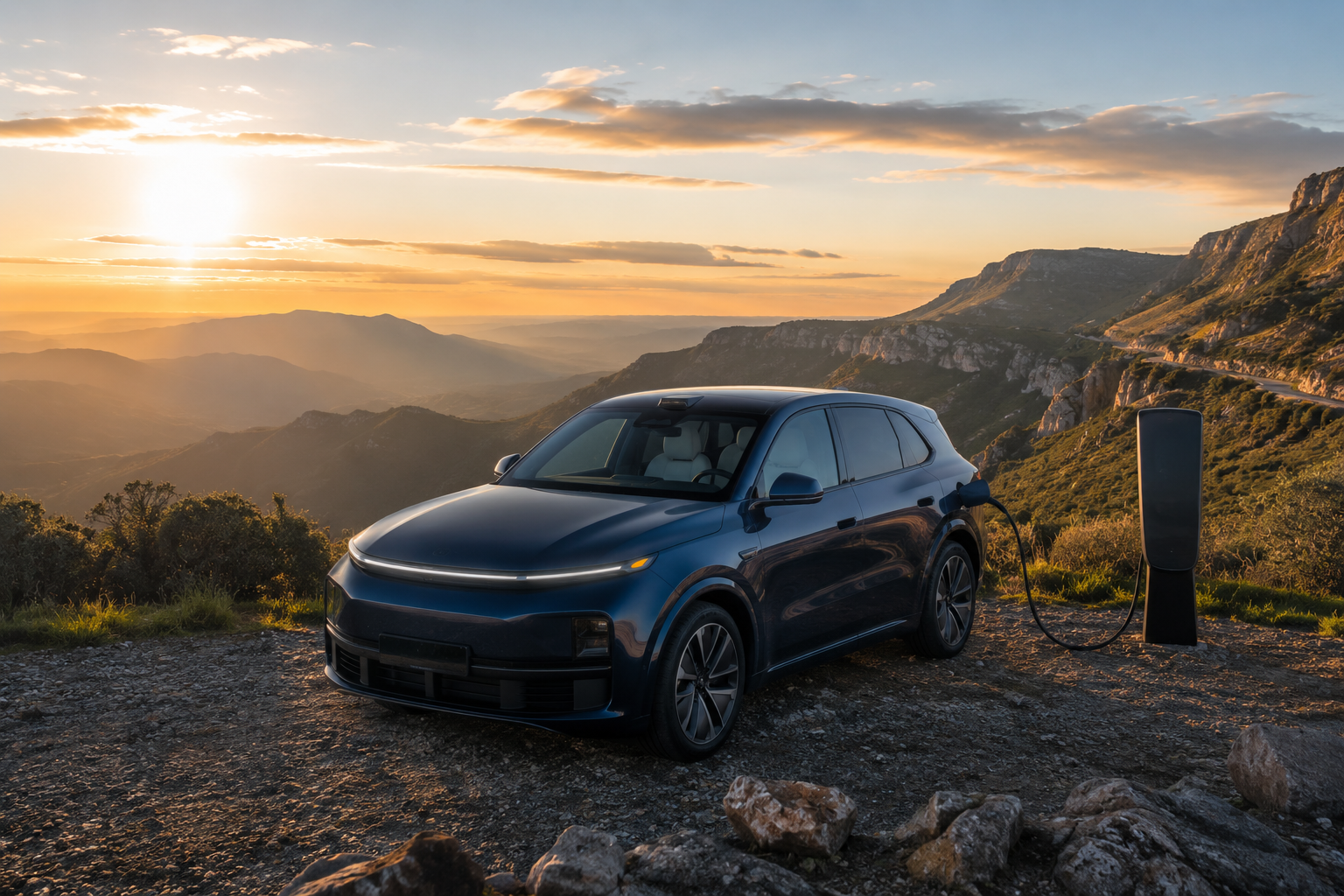 SUV elétrico azul carregando na serra catarinense para mostrar a infraestrutura de recarga e se vale a pena comprar carro elétrico em 2026.