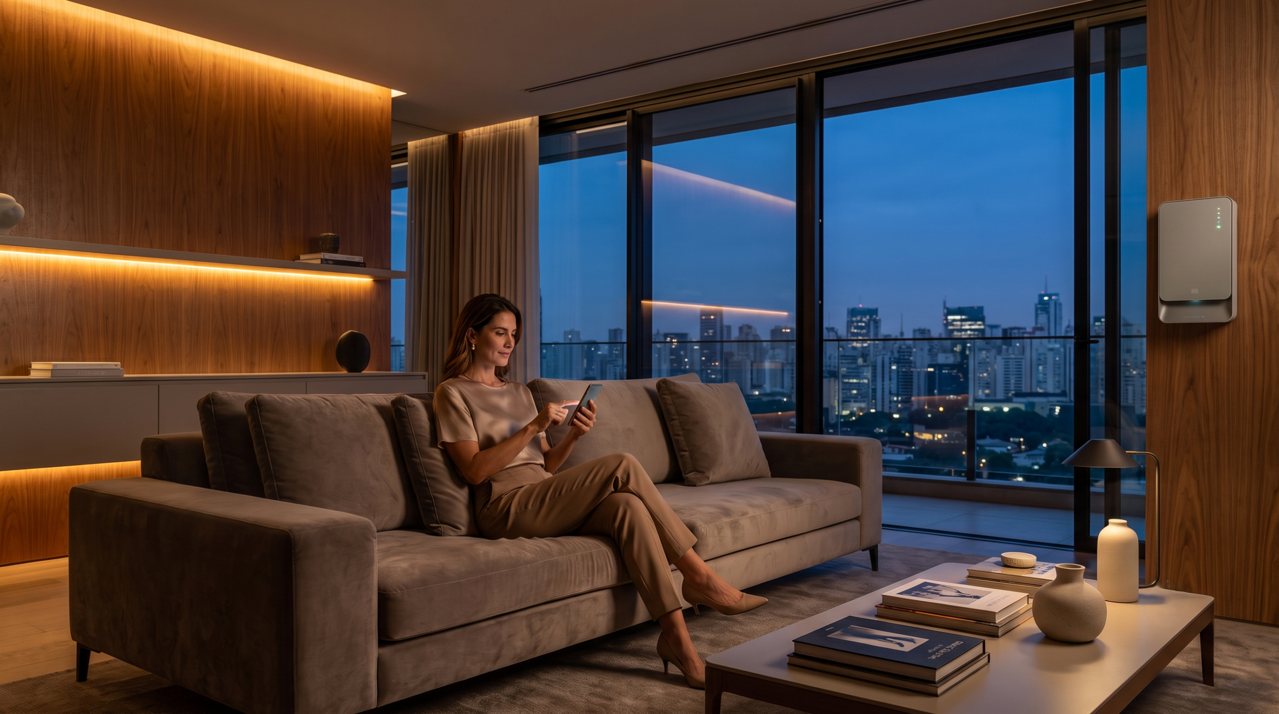 Mulher sentada em um sofá de veludo em um apartamento de luxo em São Paulo à noite, usando um smartphone para controlar sua casa inteligente. Ao fundo, uma vista panorâmica da cidade e, na parede de madeira, um dispositivo de automação WEG Home instalado pela Solevo Engenharia.