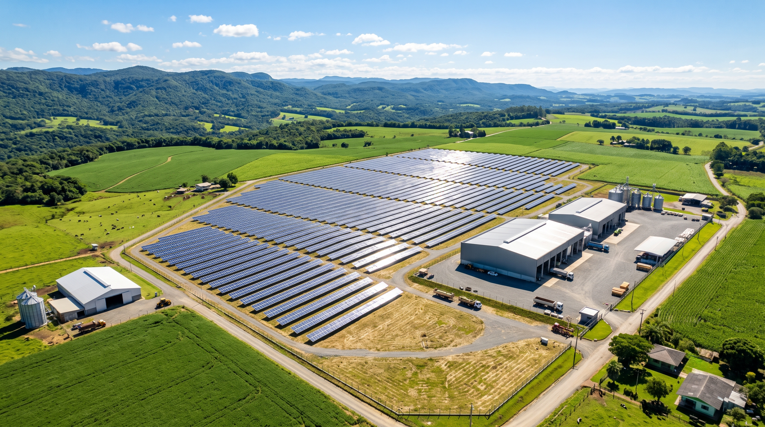 Grande usina solar de solo instalada pela Solevo mostrando os benefícios da energia solar para empresas e o sistema fotovoltaico agronegócio em SC.