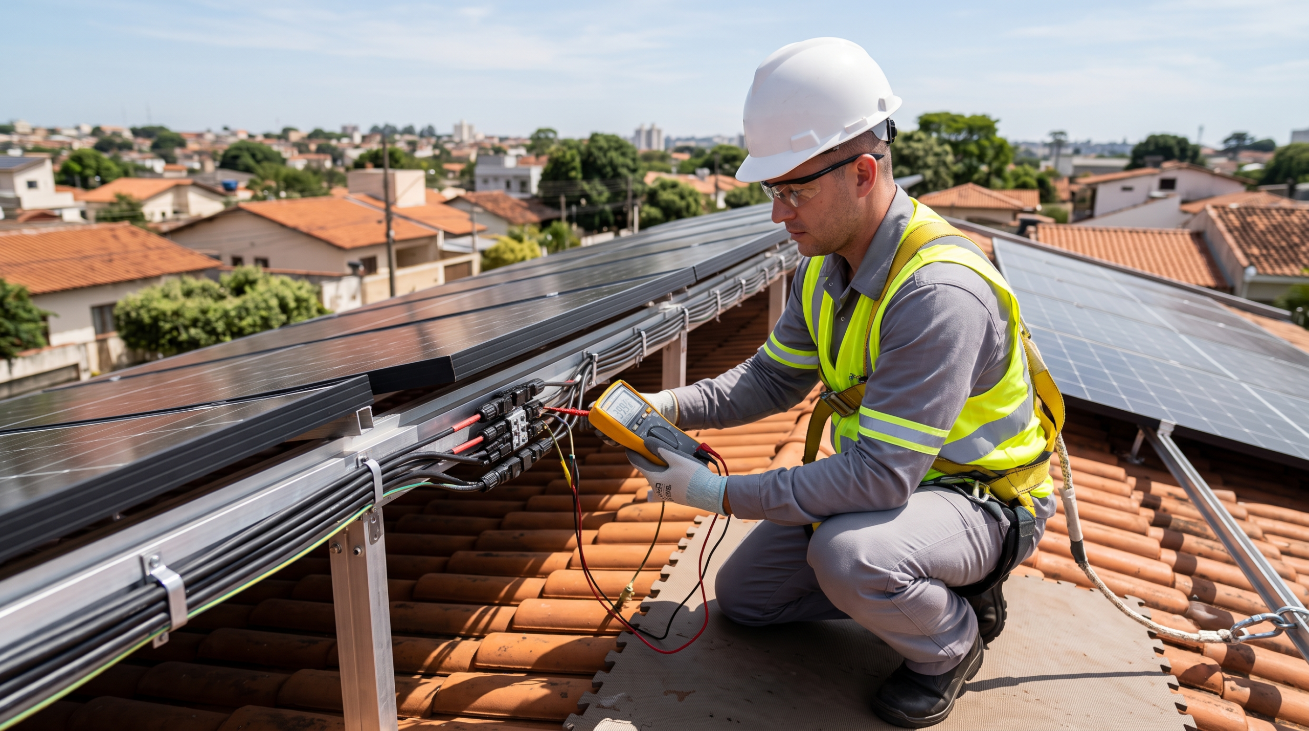 Engenheiro eletricista da Solevo, usando EPIs completos e colete reflexivo, realiza a manutenção preventiva anual de energia solar e teste de aterramento em um telhado residencial com painéis solares pretos modernos em um dia ensolarado. Ele segura um multímetro digital Fluke testando as conexões elétricas.