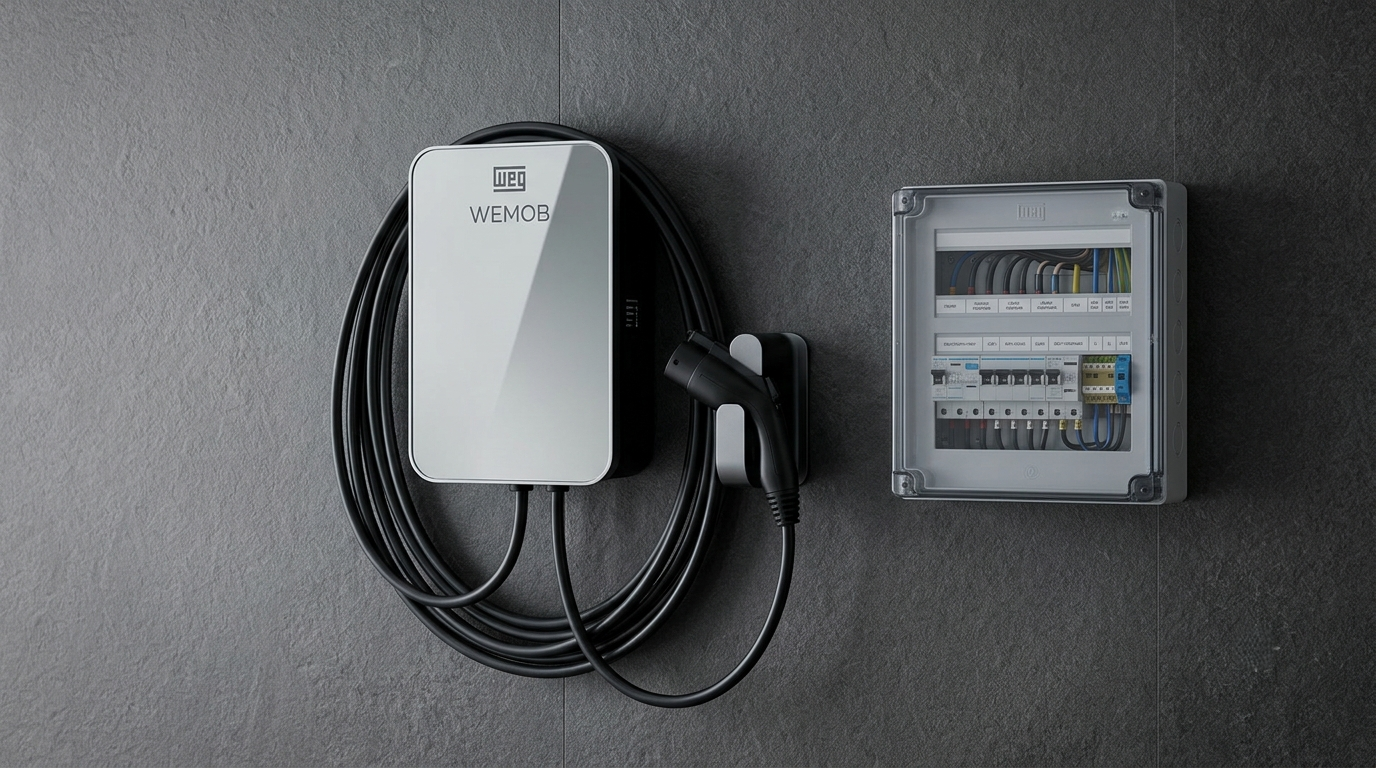 Estação de recarga Wallbox WEG WEMOB montada em parede de pedra cinza escura ao lado de um quadro elétrico de proteção aberto mostrando disjuntores organizados. Instalação profissional da Solevo Mobilidade.
