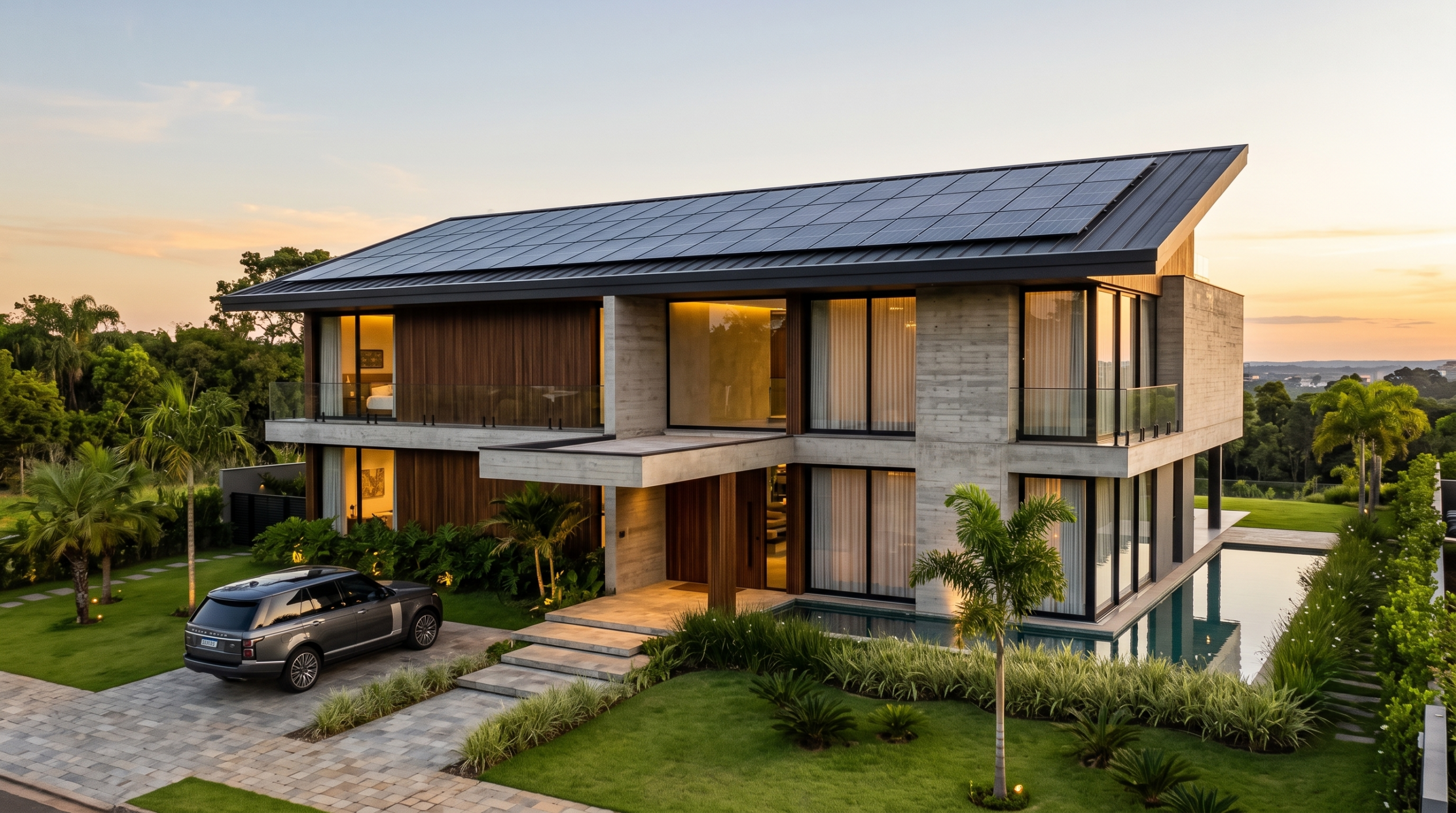 Casa moderna de alto padrão mostrando o investimento em energia solar residencial e a valorização do imóvel com energia solar feita pela Solevo engenharia.