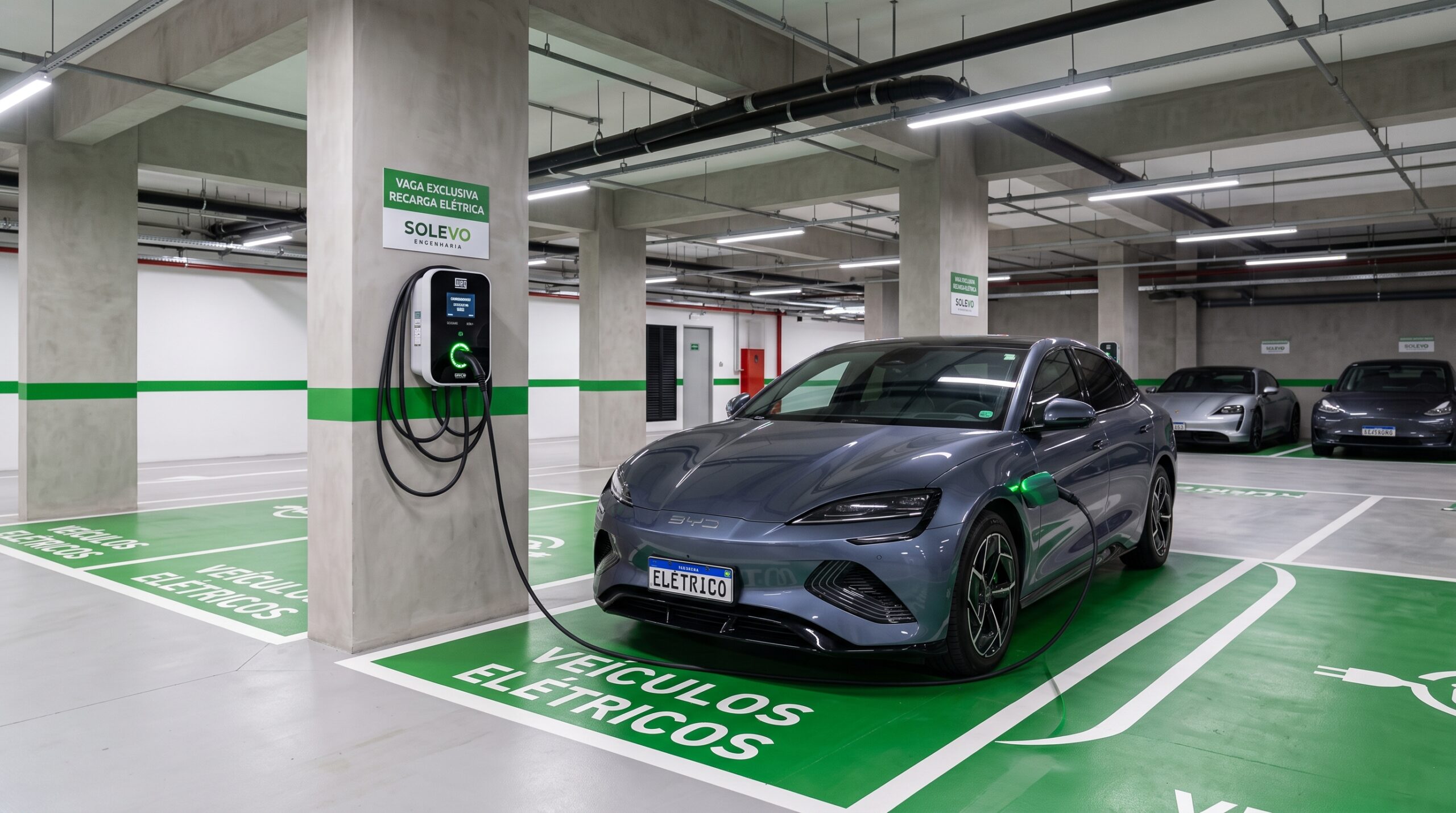 Estação de recarga para carregador de carro elétrico em condomínio residencial em Santa Catarina com gestão individualizada instalada pela Solevo.