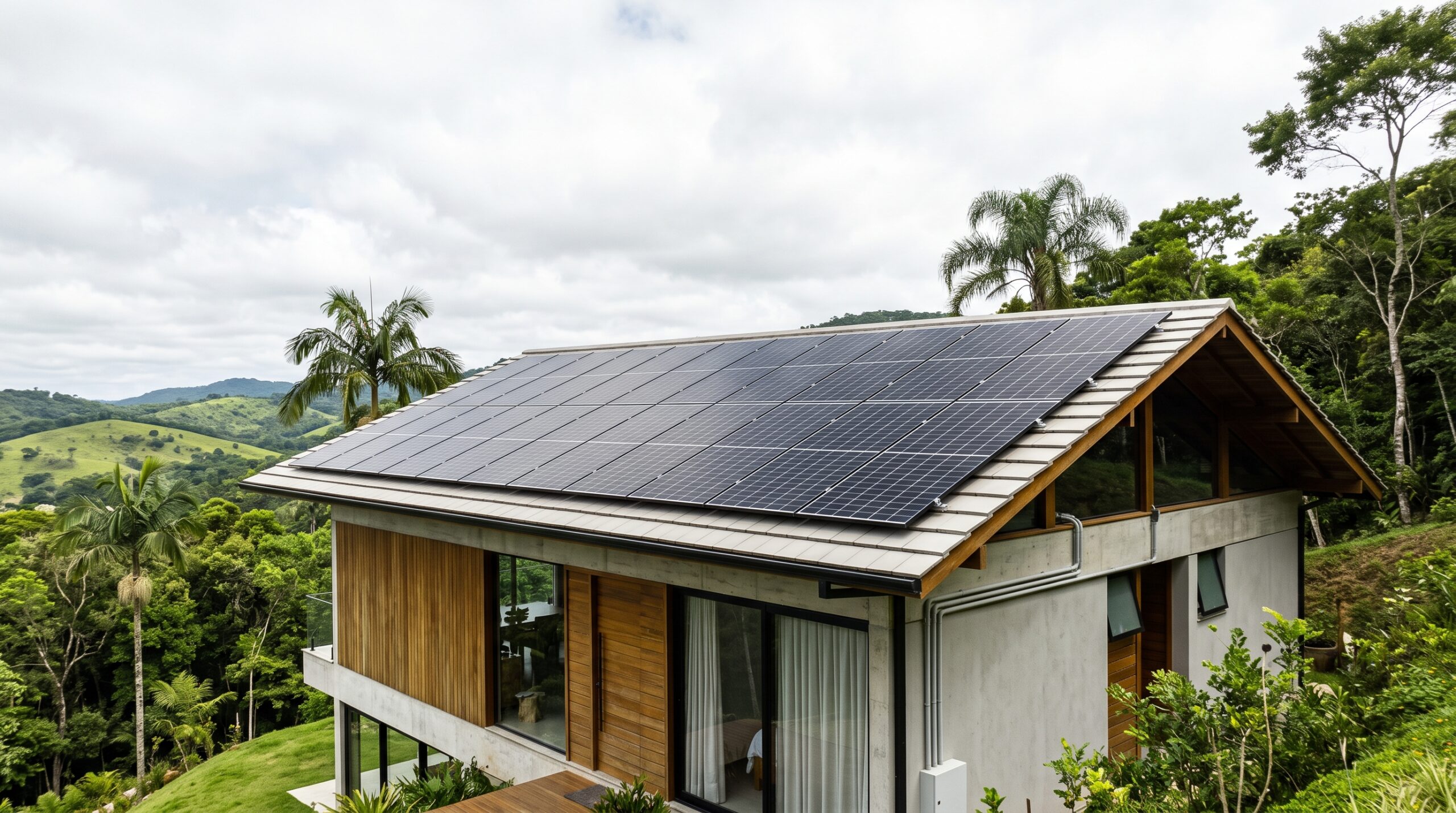 Painéis fotovoltaicos em telhado residencial em Santa Catarina gerando energia solar em dias nublados com a Solevo.