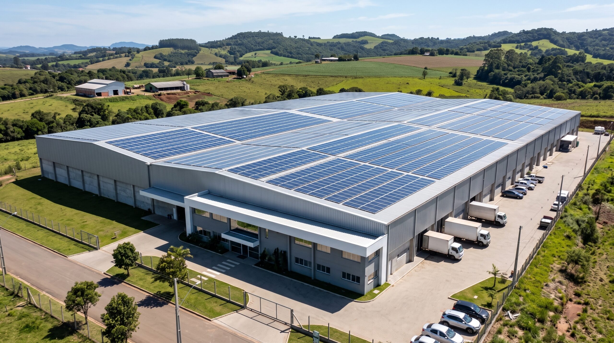 Sistema de energia solar para empresas instalado no telhado de um galpão comercial em Santa Catarina pela Solevo Engenharia.