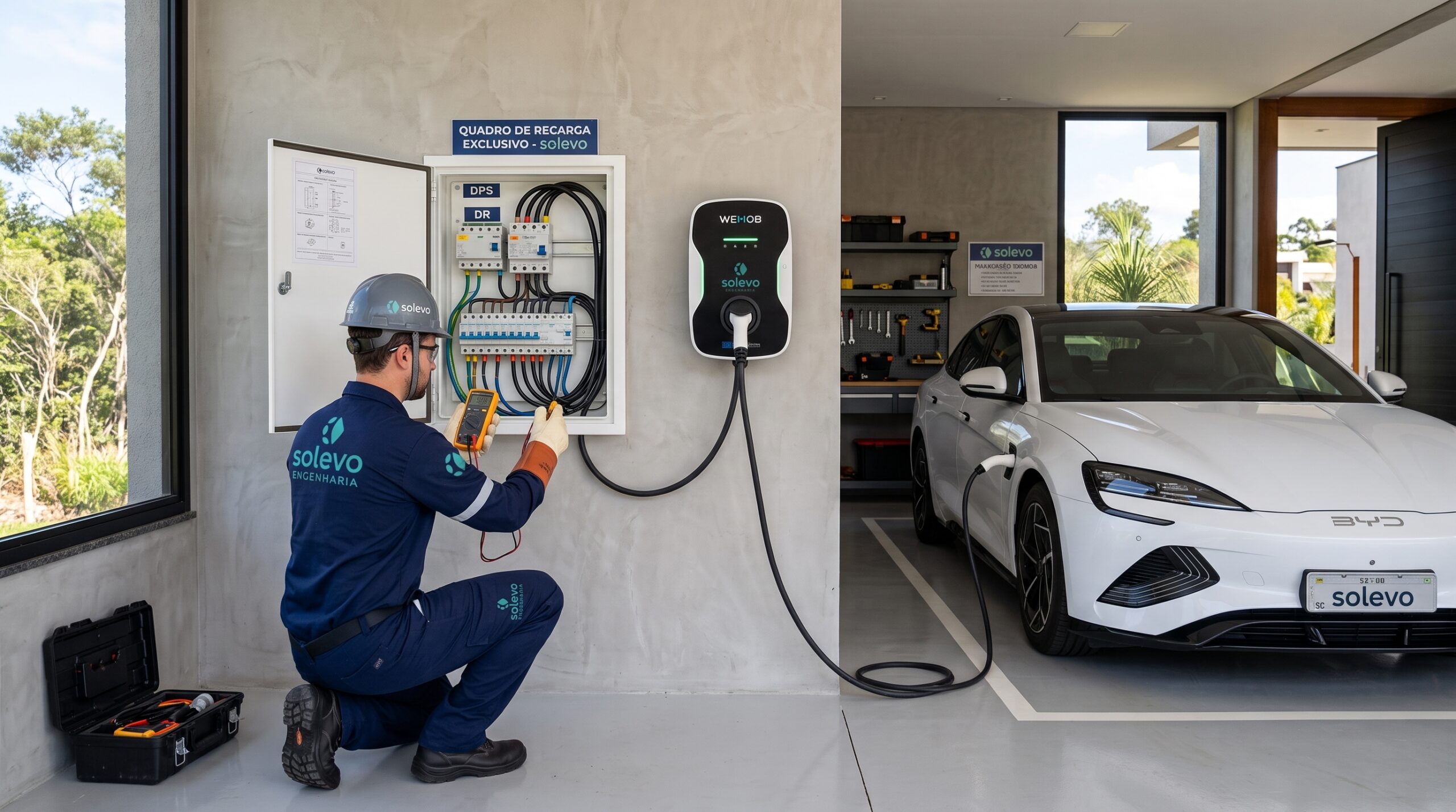 Engenheiro da Solevo realizando inspeção técnica em quadro de proteção para instalação de carregador elétrico em Santa Catarina.