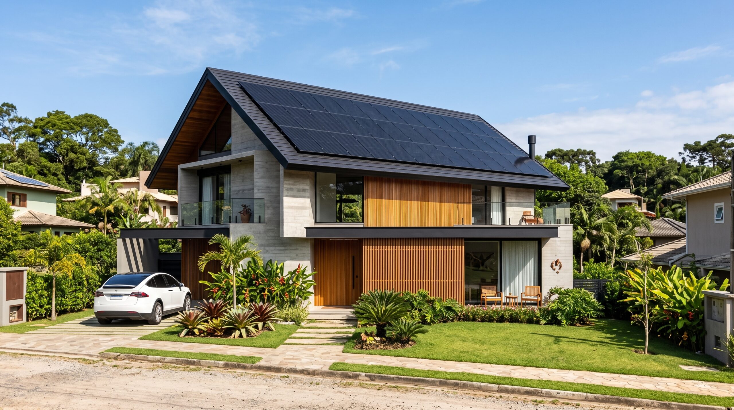 Fachada de casa residencial moderna em Santa Catarina com painéis de energia solar fotovoltaica pretos no telhado. Projeto Solevo.