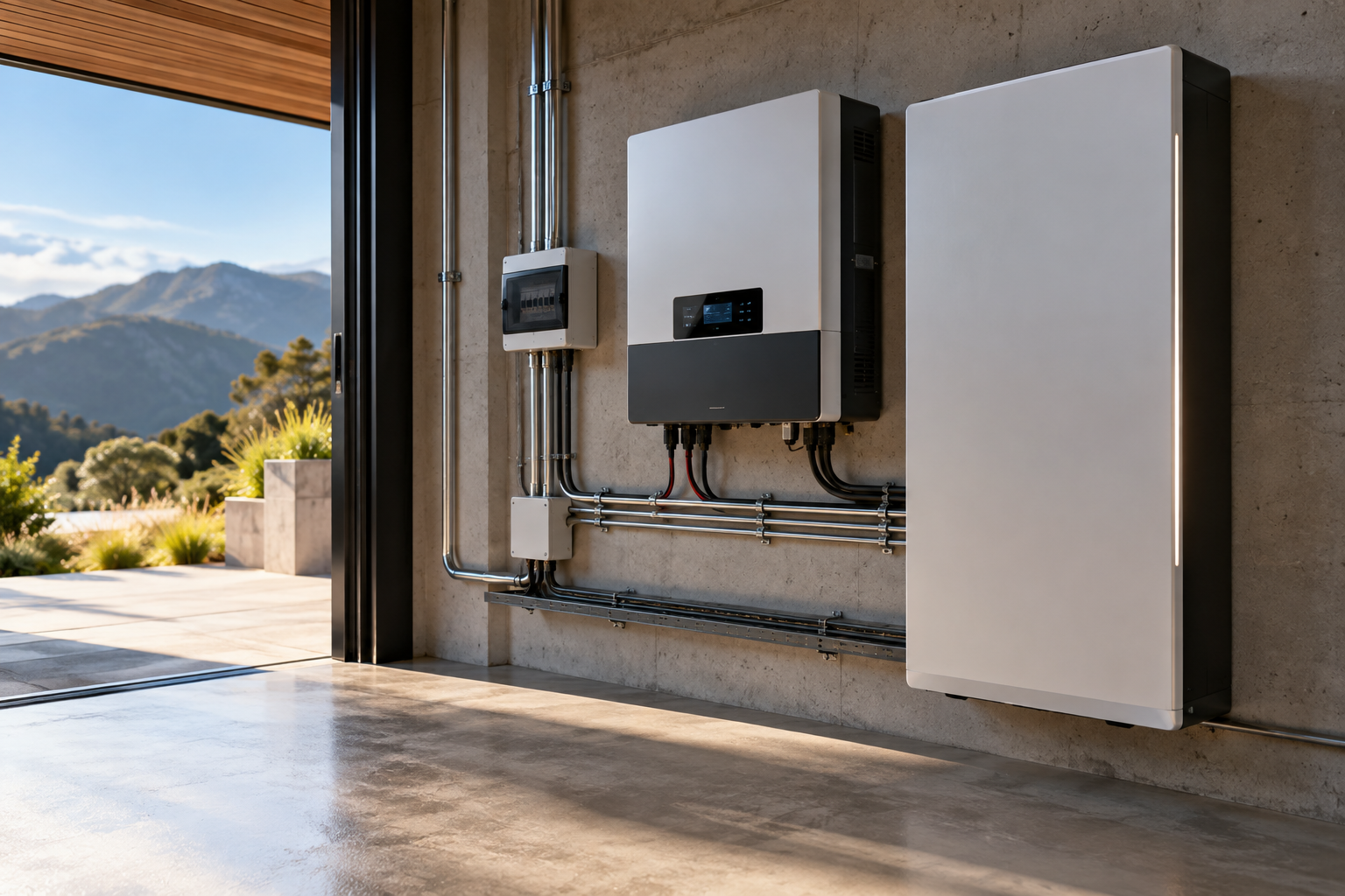 Inversor híbrido e bateria de lítio para energia solar com bateria instalados em residência moderna em Santa Catarina pela Solevo.