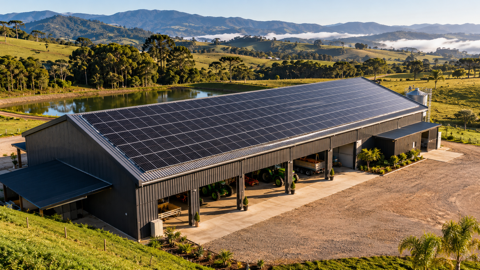 Galpão de fazenda em Santa Catarina com painéis fotovoltaicos no telhado, gerando energia solar rural com projeto da Solevo Engenharia.