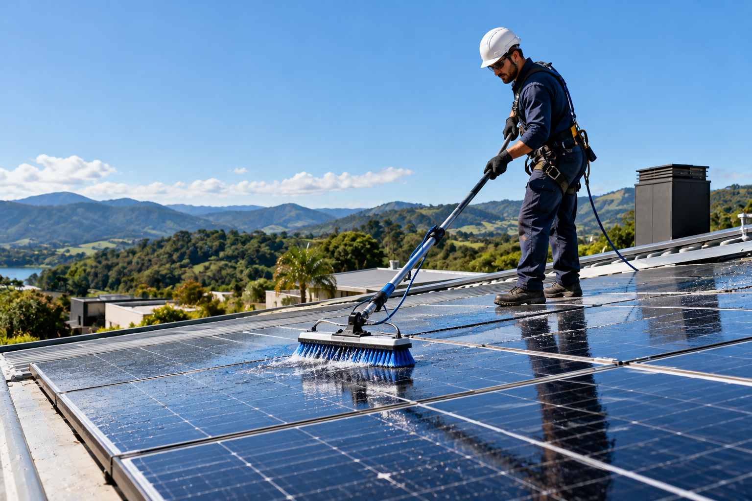 Técnico da Solevo Engenharia a realizar a manutenção de painéis solares com equipamento de limpeza específico num telhado em Santa Catarina.