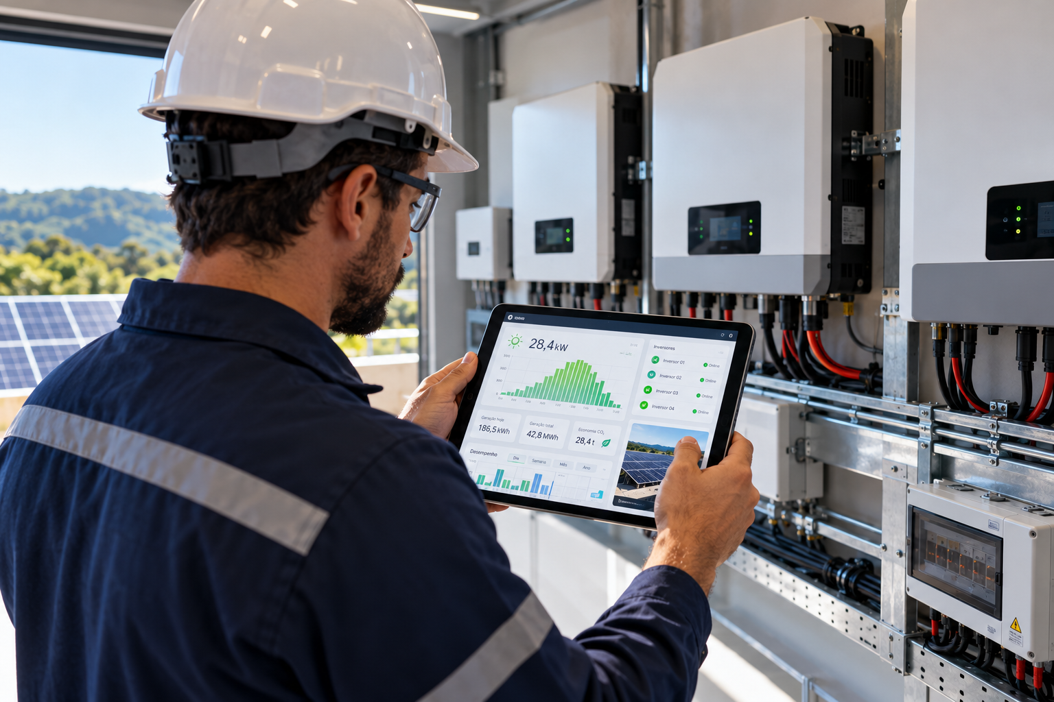 Engenheiro da Solevo acompanhando o monitoramento de energia solar em tempo real pela plataforma SolarZ em um tablet.