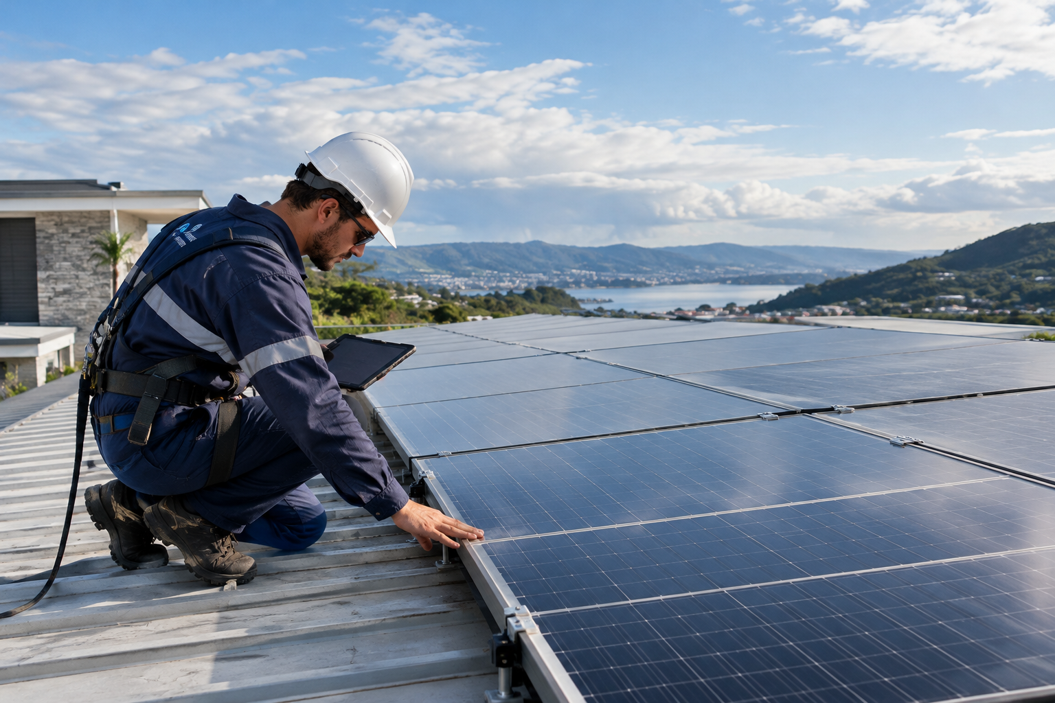 Engenheiro da Solevo realizando vistoria técnica de usina fotovoltaica para contratação de seguro para energia solar em Santa Catarina.